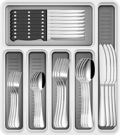 49-Piece Cutlery Set with Organizer, Stainless Steel Silverware Set Service for 8 with Steak Knives and Utensils