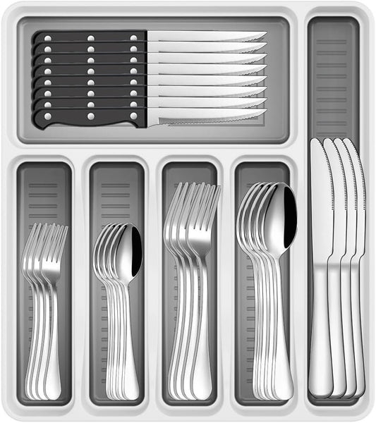 49-Piece Cutlery Set with Organizer, Stainless Steel Silverware Set Service for 8 with Steak Knives and Utensils