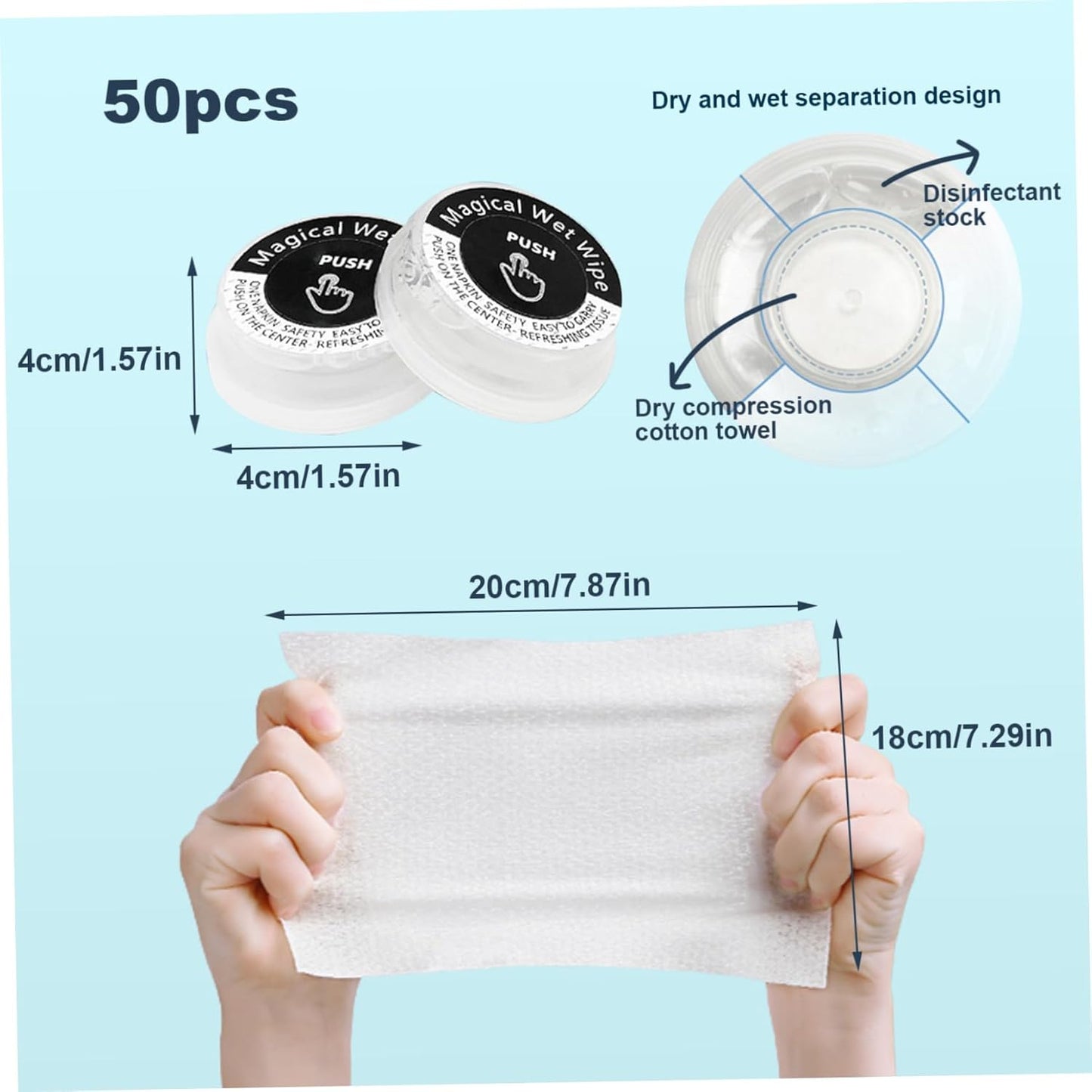 Compressed Towel, Mini Wipes for Travel Travel Essentials Disposable Questions, Portable Wipes Travel Size Built-I Non-Stimulating Adult Wipes for Kids, 50