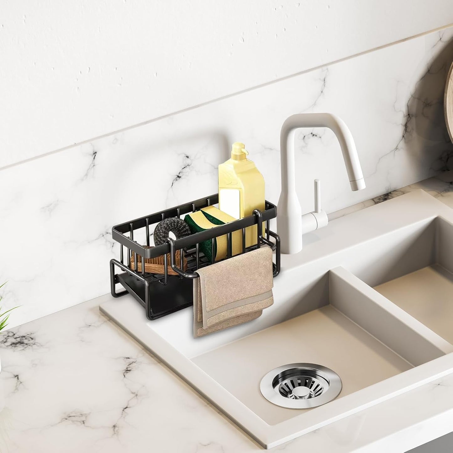 Sink Storage, Sponge Holder, Rust Resistant Easy Installation Modern Aesthetic Durable Vertical, Kitchen Storage for Towel, Soap, Scrubbers, Brushes, 9.06x3.54x4.33inches