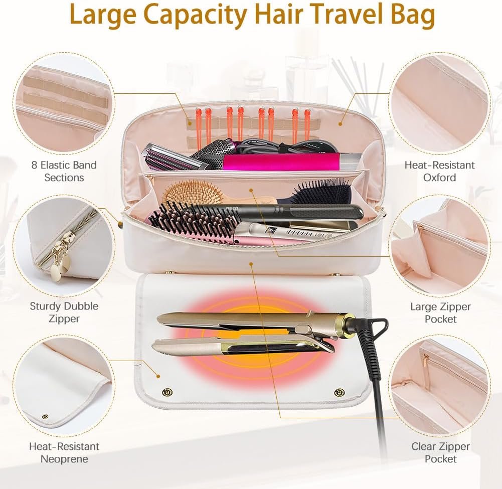 Kannino Hair Tools Travel Bag and Heat Resistant Mat, 2 in 1 Hot Tools Travel Bag for Straightener, Curling Iron, Flat Irons, Hair Dryer, Portable Organizer Hair Travel Case, Hangable Handles (Beige)