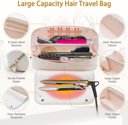 Kannino Hair Tools Travel Bag and Heat Resistant Mat, 2 in 1 Hot Tools Travel Bag for Straightener, Curling Iron, Flat Irons, Hair Dryer, Portable Organizer Hair Travel Case, Hangable Handles (Beige)