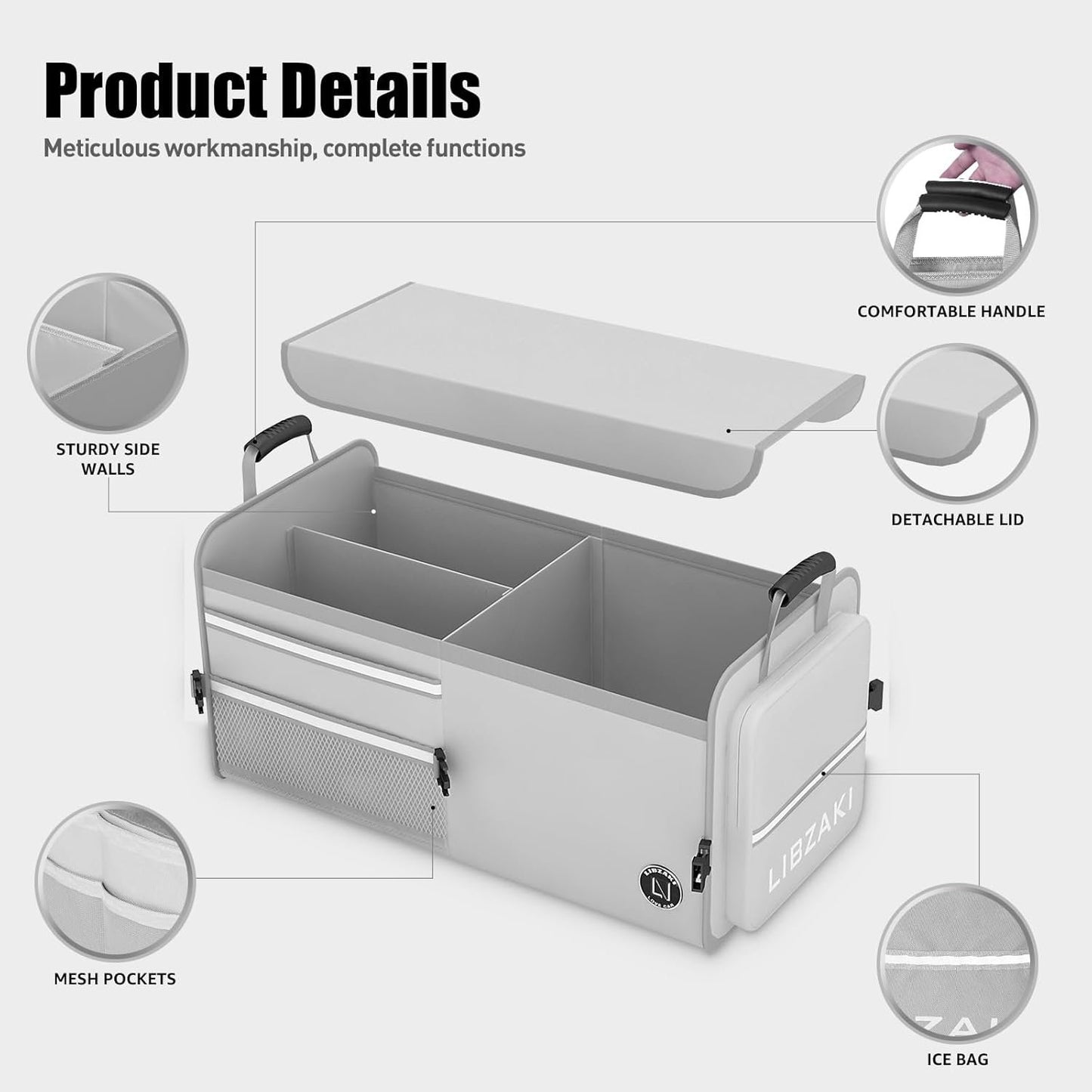 LIBZAKI Car Trunk Storage Organizer, Multi Compartment Collapsible Trunk Storage Box for Car Truck SUV-Gray