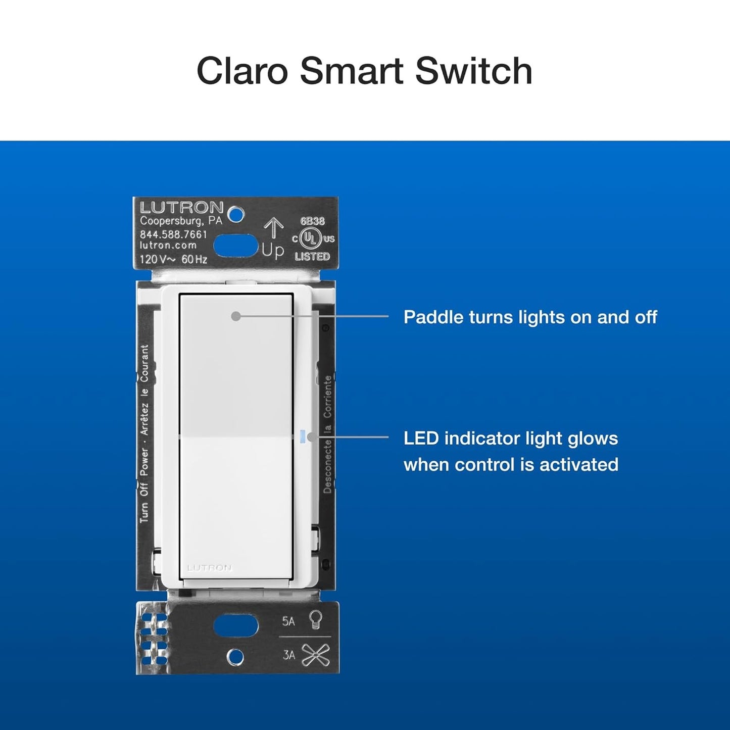 Lutron Claro Smart Switch 3-Way Kit for Caseta Smart Lighting, with Wall Plate, Pico Paddle Remote, Wallmount Bracket, and Label Stickers, 5 Amp, Single Pole/3-Way, Neutral Required, DVRF-PKG1S-WH
