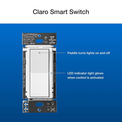 Lutron Claro Smart Switch 3-Way Kit for Caseta Smart Lighting, with Wall Plate, Pico Paddle Remote, Wallmount Bracket, and Label Stickers, 5 Amp, Single Pole/3-Way, Neutral Required, DVRF-PKG1S-WH