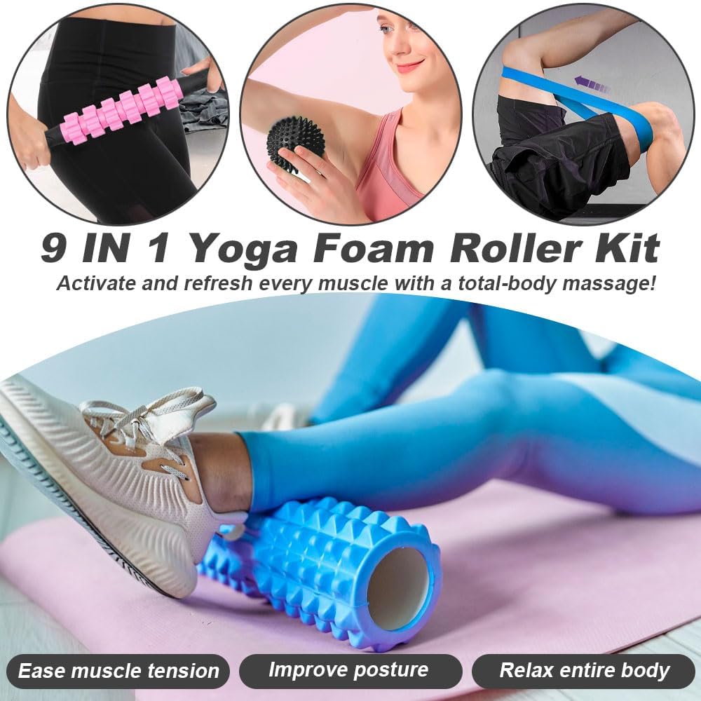 TINY SPARK 9 IN 1 Foam Roller, Yoga Rollers for Muscle Massage, Foam Roller with Muscle Roller Stick, Massage Roller, Spike Massage Ball, 4pcs Resistance Loop Bands All in Carrying Bag (33cm, Blue)