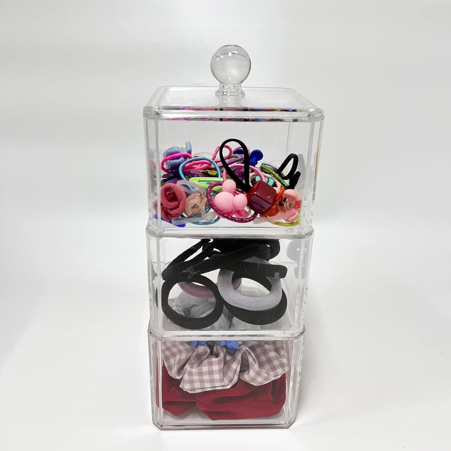 ZEQIDOU Hair Accessories Organizer, Tie Organizer for Girls, Acrylic Accessory Holder, Ponytail and Scrunchie Storage Container, Clear 3 Stackable Holder With Lids for Organizing