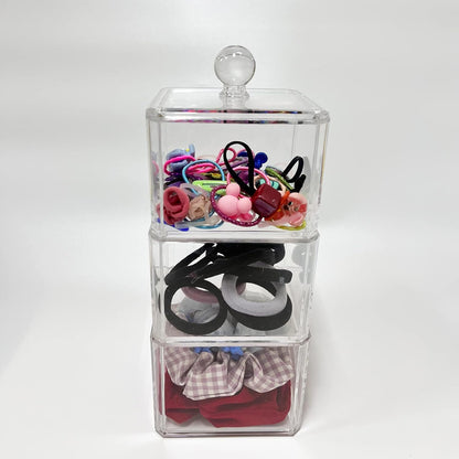ZEQIDOU Hair Accessories Organizer, Tie Organizer for Girls, Acrylic Accessory Holder, Ponytail and Scrunchie Storage Container, Clear 3 Stackable Holder With Lids for Organizing