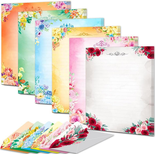 Anzon Mories Cute Stationary Writing Paper and Envelope Set (2 Sides Colored, 1 Side Lined) 30 Sheets, 30 Pcs Envelopes, Kawaii Letter Stationery 8.5 x 11 in Floral Decoration (8.5 x 11, Inches)