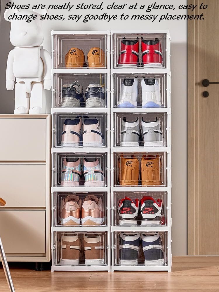 FUYUN Plastic Shoe Organizer - Stackable and Foldable 6-Tier Shoe Boxes for Closet, Clear and Space-Saving Sneaker Containers, No Assembly Required