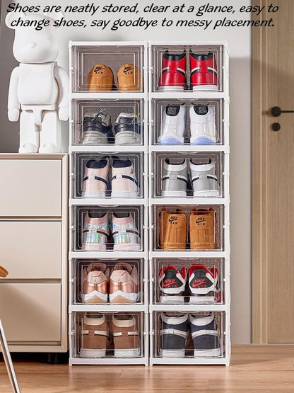 FUYUN Plastic Shoe Organizer - Stackable and Foldable 6-Tier Shoe Boxes for Closet, Clear and Space-Saving Sneaker Containers, No Assembly Required