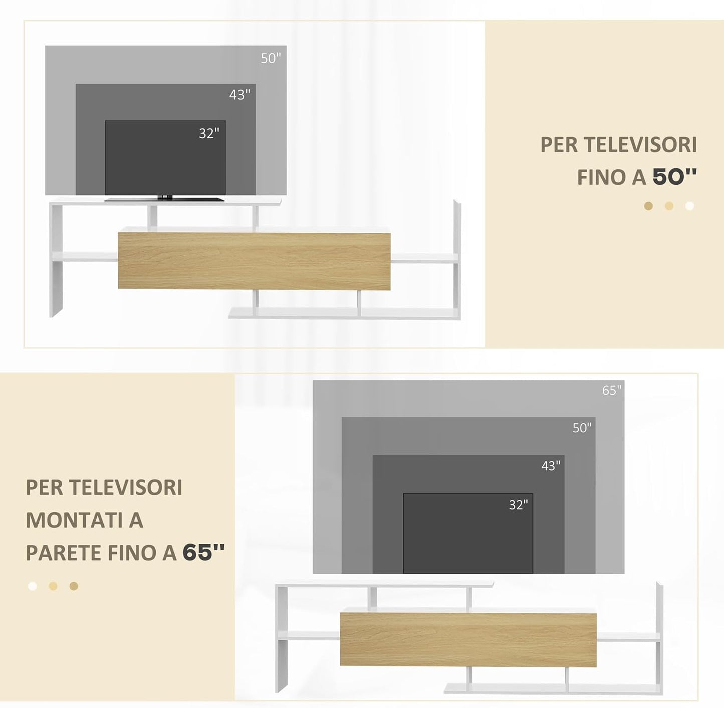 HOMCOM TV Unit with Wall Shelf, Open Shelves and Wooden Cabinet, Modern TV Unit for Living Room and Bedroom, White and Wood