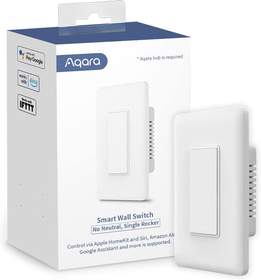 Aqara Smart Light Switch - No Neutral, Single Rocker, Requires AQARA HUB, Zigbee Light Switch, Remote Control and Smart Home Automation, Compatible with HomeKit, Google, Works with Alexa, SmartThings