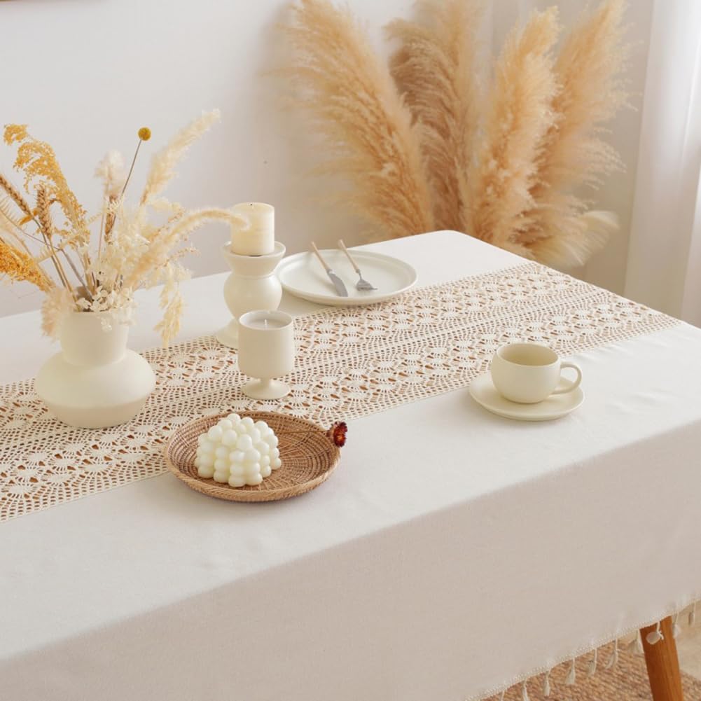 AMZALI Table Cloth, Rectangle Tablecloth Washable Cotton Linen Tablecloths Crochet Patchwork Table Cover with Tassle for Kitchen, Dining Tabletop Decoration 55''x70'' Beige