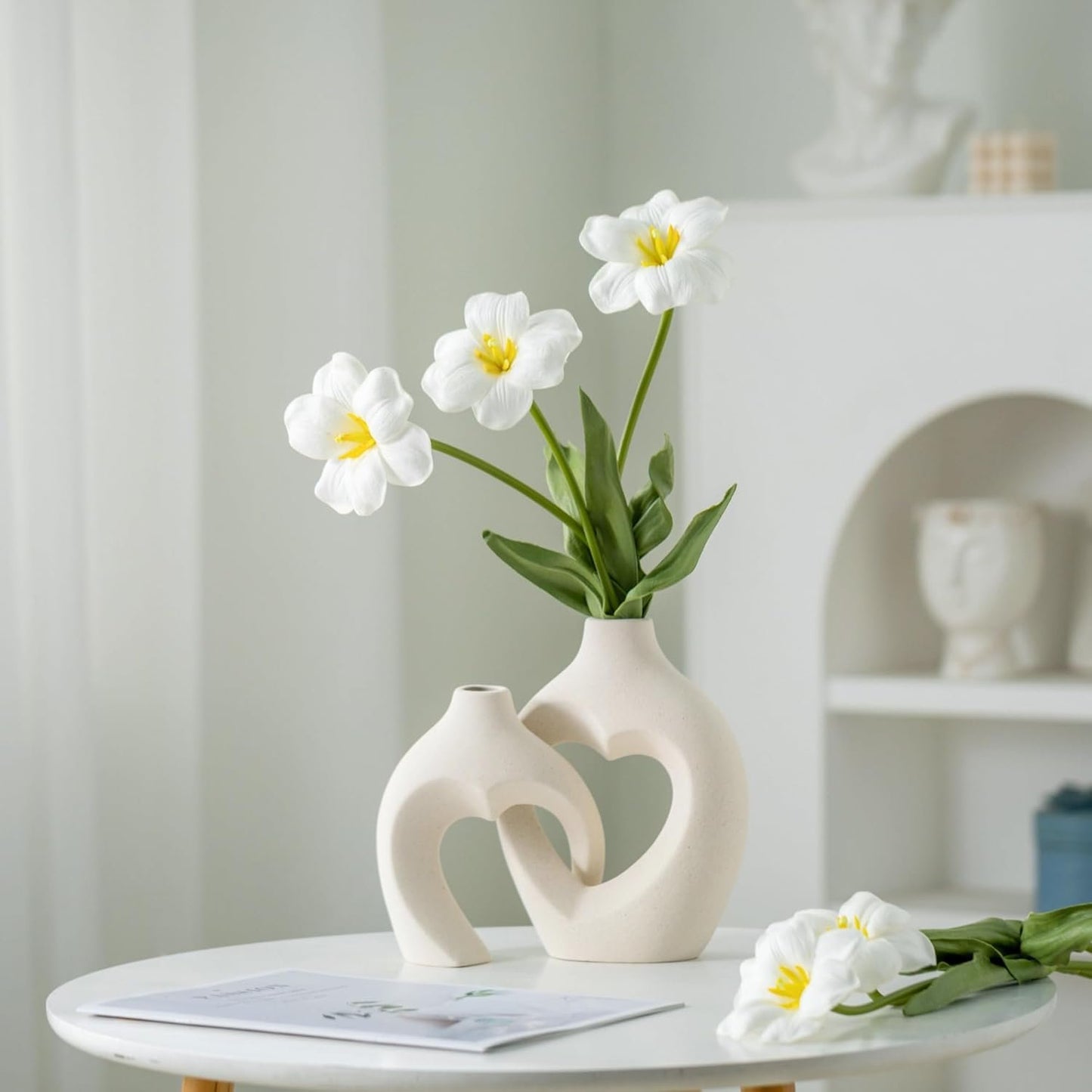 Ceramic Vase for Home Decor, Snuggle Hollow Ceramic Vase Set of 2, Nordic Modern Boho ins Style Heart Shaped Pampas Grass Flower Vases for Living Room Table Decorations (Beige W 6.3" X H 8.1")