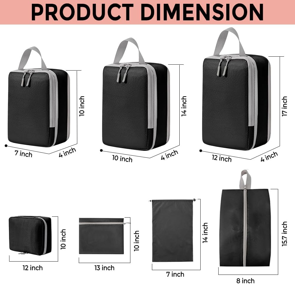 UniPro GOODS- Travel Bag Luggage Organizers 8 piece set- Compression Packing Cubes for Suitcases, Drawstring Pouch and Shoe Bag, Travel Accessories, More Lightweight and Durable