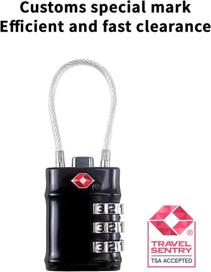 QUMOX TSA Approved Cable Luggage Locks, 3 Digit Combination Padlocks, Travel Lock for Suitcases Bag, Alloy Body, Travel Accessories (Black 4 Pack)