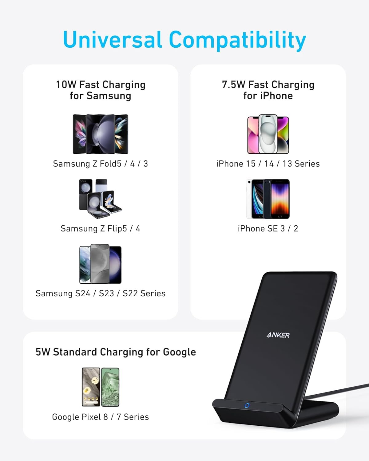 Anker Fast Wireless Charger, 10W Wireless Charging Stand, Qi-Certified, Compatible iPhone XR/Xs Max/XS/X/8/8 Plus, Fast-Charging Galaxy S9/S9+/S8/S8+/Note 9 and More, PowerWave Stand (No AC Adapter)