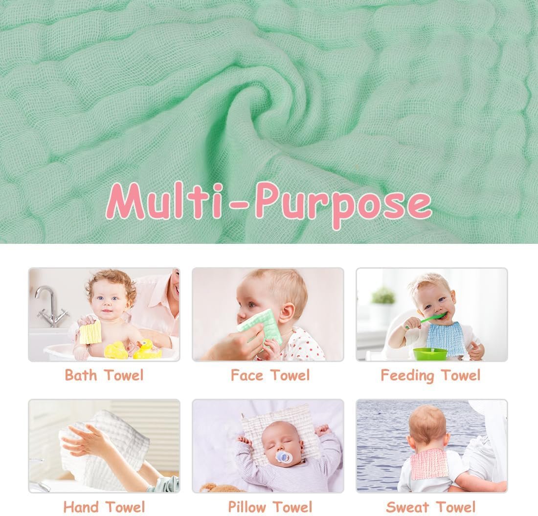 AIDEA Baby Washcloths and Burp Cloths, Absorbent Cotton Muslin Baby Towels, Large Soft Breathable Newborn Essentials for Boys and Girls, Newborn Essentials, 10 Pack, 10"x10"