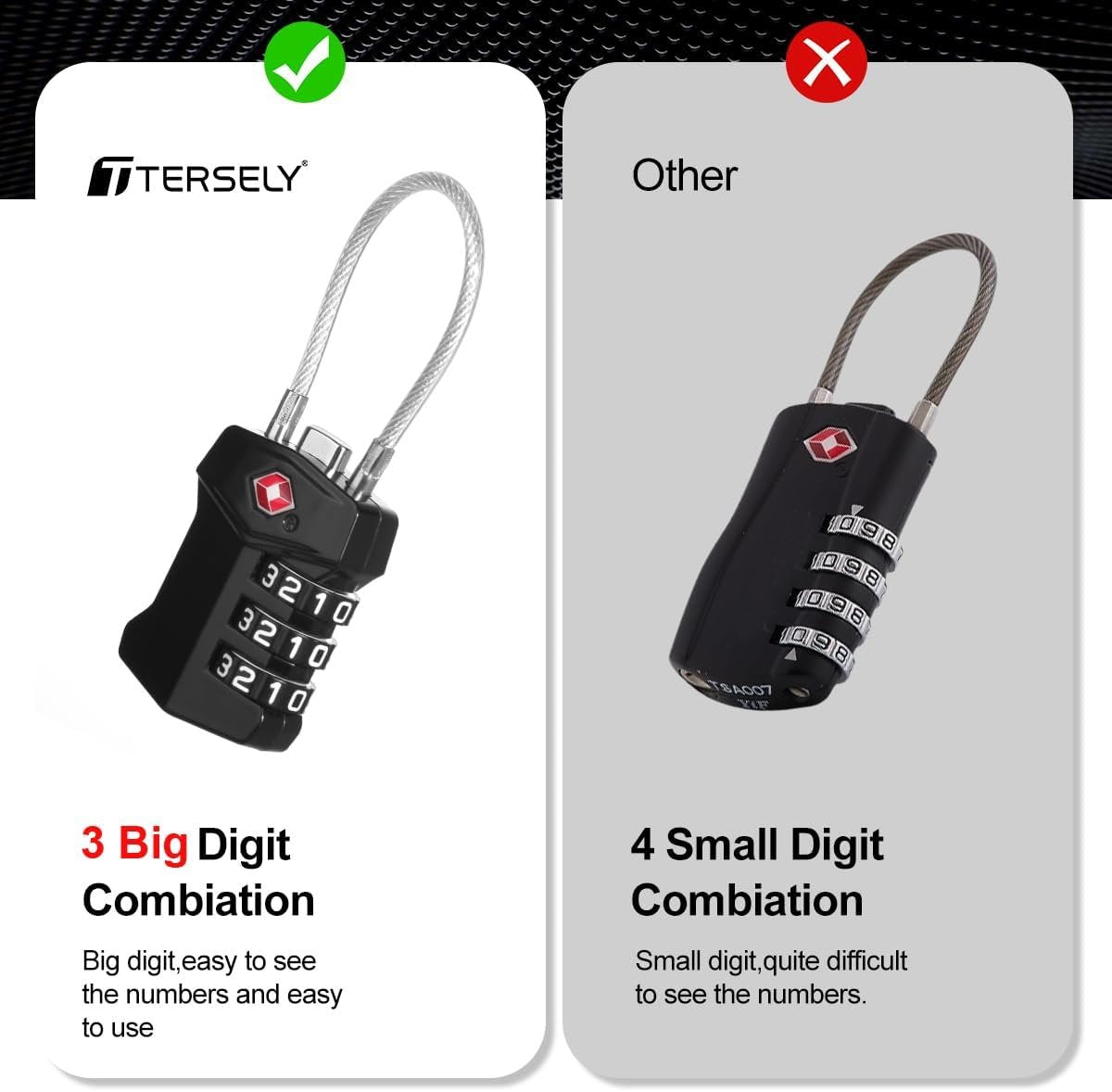 TSA Approved Luggage Locks,(2 Pack),Big Digit Easy Read Dials Cable Luggage Lock,T Tersely Re-settable Padlock for Luggage,Travel Locks for Suitcase, Backpack