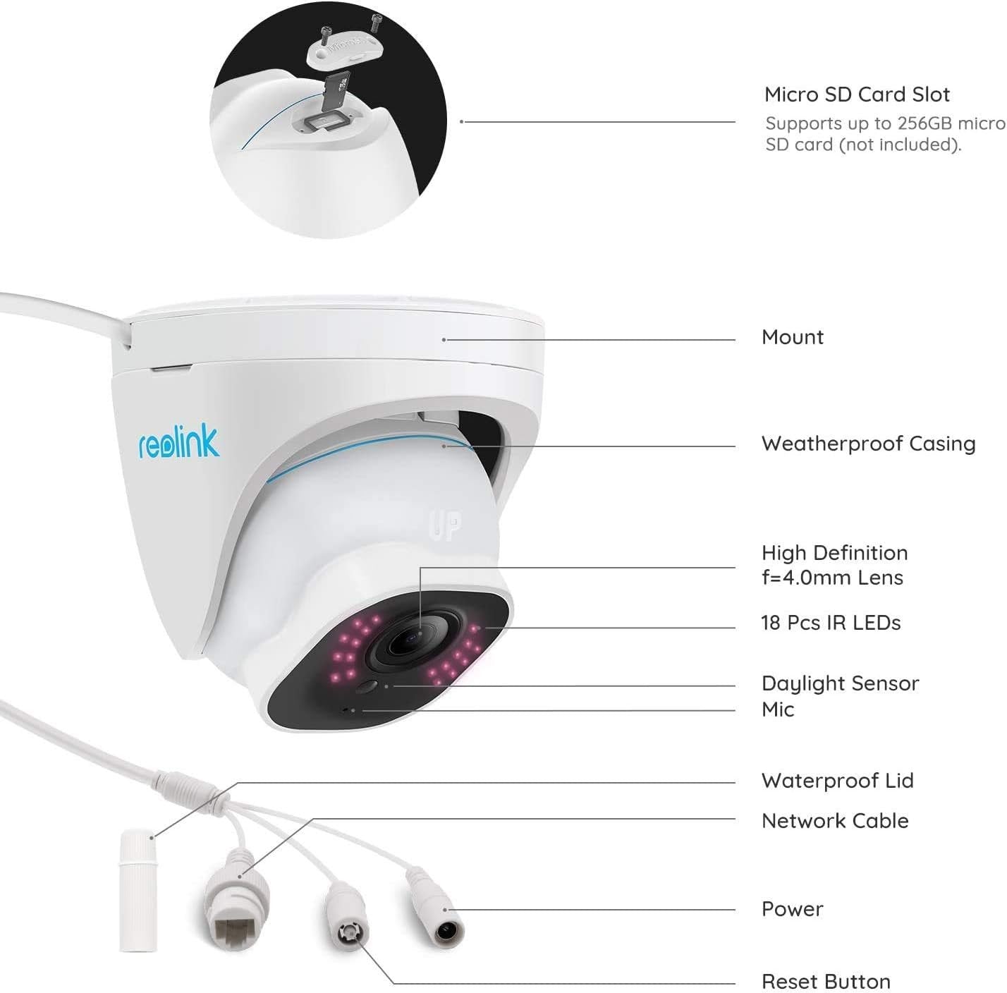 Reolink 4K Ultra HD PoE Outdoor Security Camera with Human/Vehicle Detection, IP66 Weatherproof, Time Lapse, 256GB microSD Storage for 24/7 Recording (not Included), RLC-820A