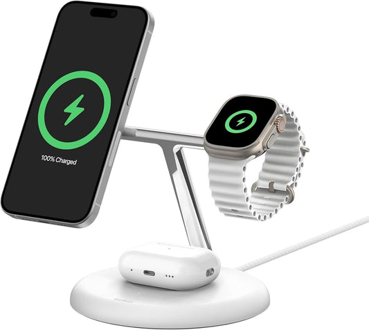 Belkin BoostCharge Pro 3-in-1 Wireless Charging Stand with Magnetic Qi2 15W, Fast Charging iPhone Charger Compatible with iPhone 15, 14, and 13 Series, AirPods, Apple Watch, & More - White