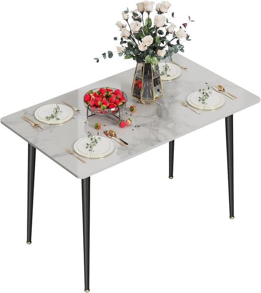 Kitchen Dining Table Marble Tabletop: Rectangular 120cm Contemporary Sintered Stone White Pattern High Gloss Marble Effect Top Dinner Tables with Tapered Metal Legs - Not Include Chair