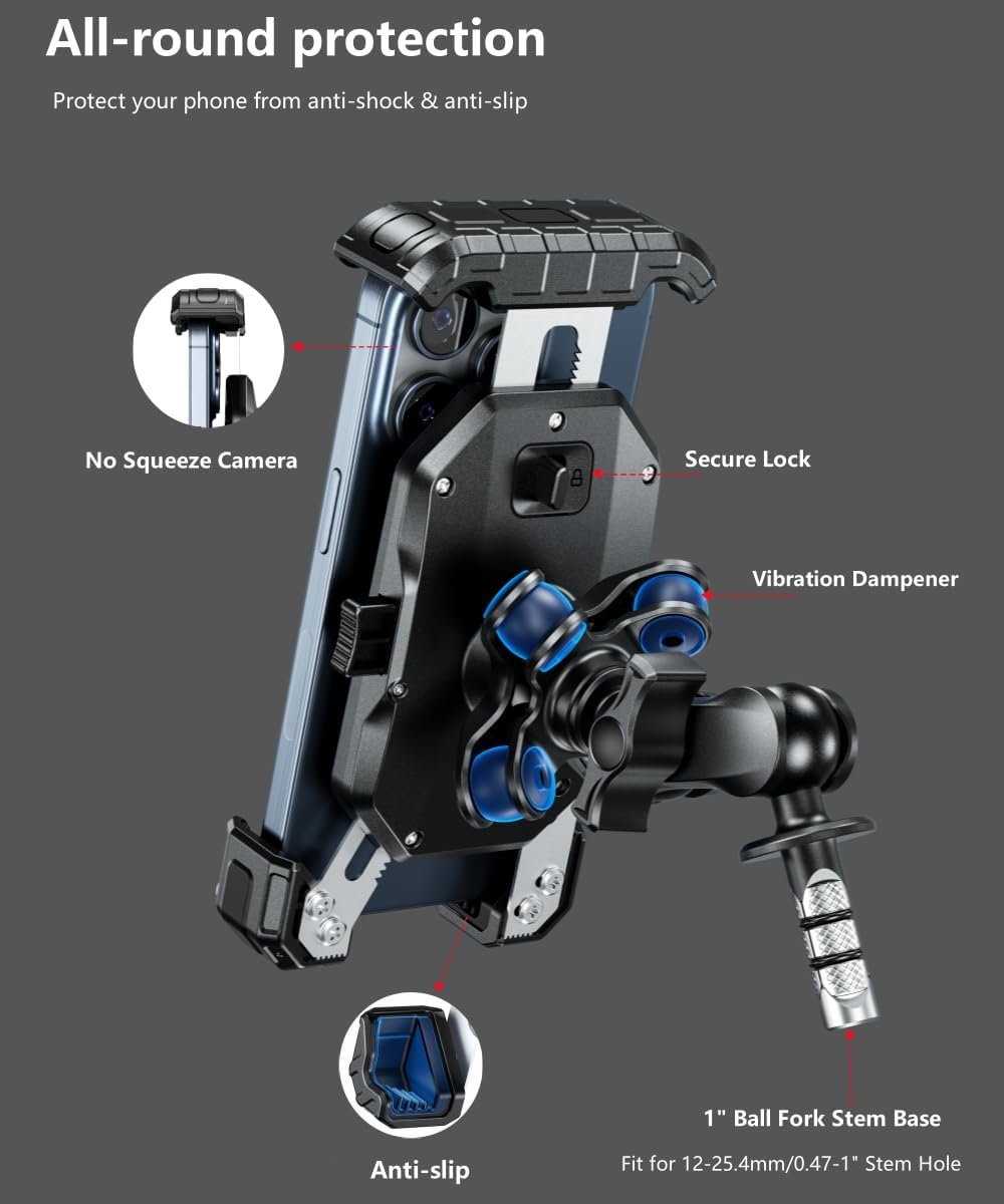 Kewig Motorcycle Fork Stem Phone Mount Holer with Vibration Dampener, Anti-Theft Motorcycle Phone Mount, [1s Lock & Release] Fits for Fork Stem 12-25.4mm in Diameter, for 5.5-7.2" Cellphones