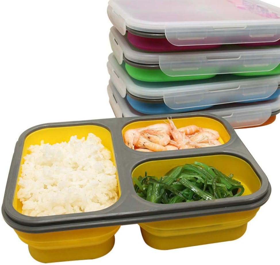 3 Cell Silicone Portable Portable Portable Kitchen Bento Boxes Foldable Storage Boxes Food Container Lunch Box Eco-Friendly-red_1300ml