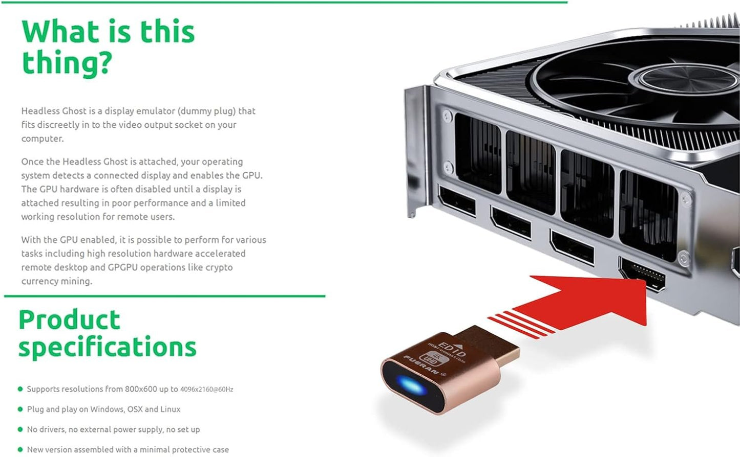 FUERAN 2K 4K 8K HDMI Dummy Plug-Virtual Monitor Display Emulator Headless Adapter 3840x2160@60Hz 1080@120hz DVI EDID Emulator (4K-1080@60-3840x2160@60 HDR) (4K-3P-Normale Version)