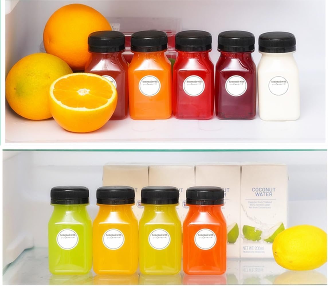 10pcs 4oz Plastic Juice Bottles with Caps Clear Bottles with Label, Funnel and Brush, Bulk Beverage Drink Containers for Mini Fridge, Juicer Shots, Small Water, Milk