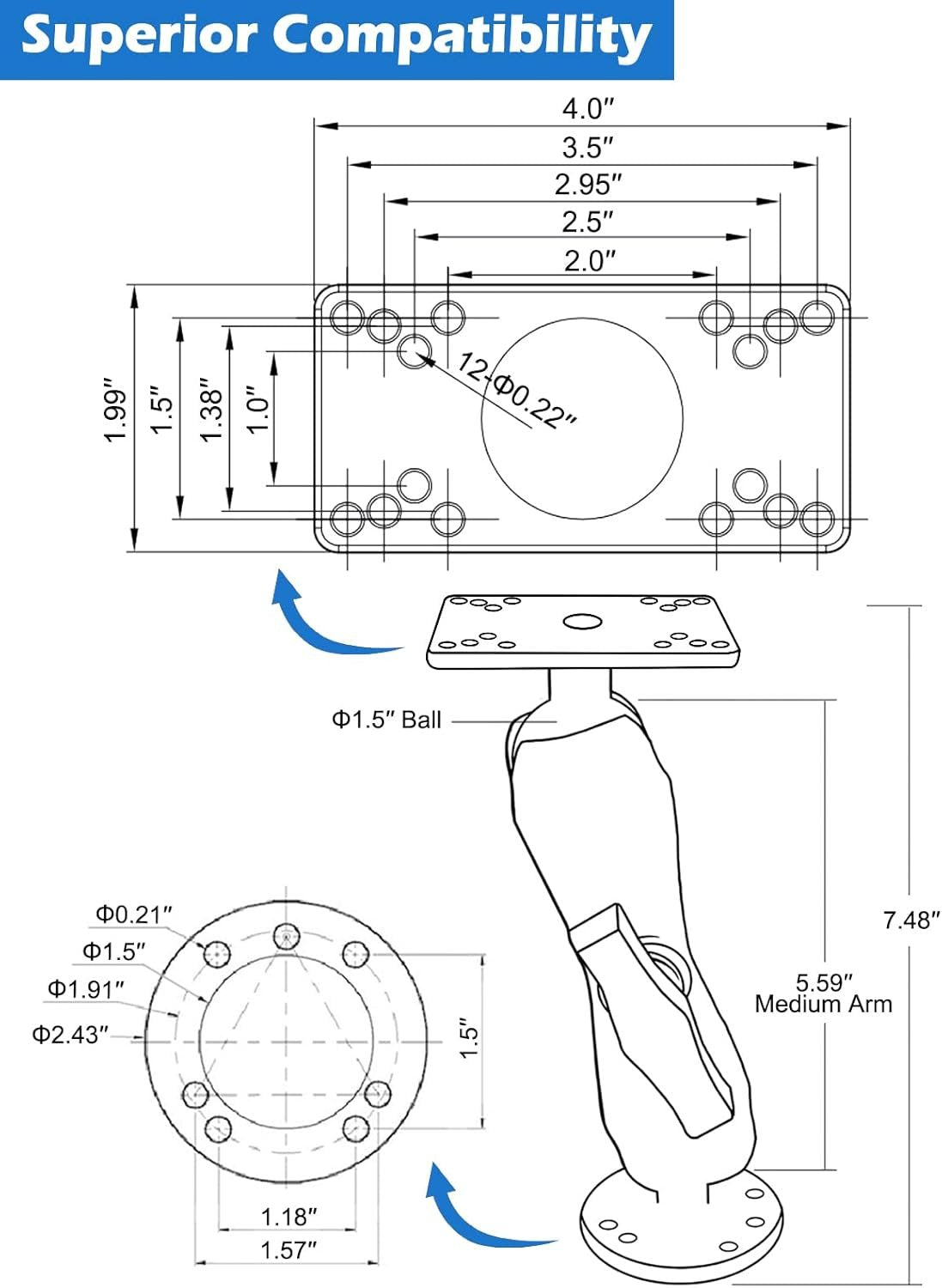 WINDFRD Aluminum 1.5" Ball Fish Finder Mount for Hummingbird Helix 5,7, etc., C Size Universal Marine Electronics Mount, Compatible with RAM, Arkon, iBolt and More