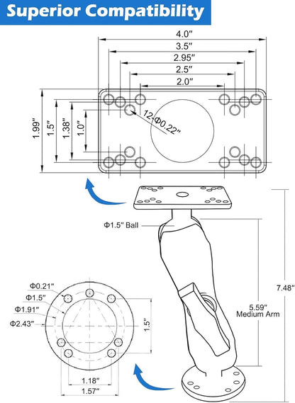 WINDFRD Aluminum 1.5" Ball Fish Finder Mount for Hummingbird Helix 5,7, etc., C Size Universal Marine Electronics Mount, Compatible with RAM, Arkon, iBolt and More