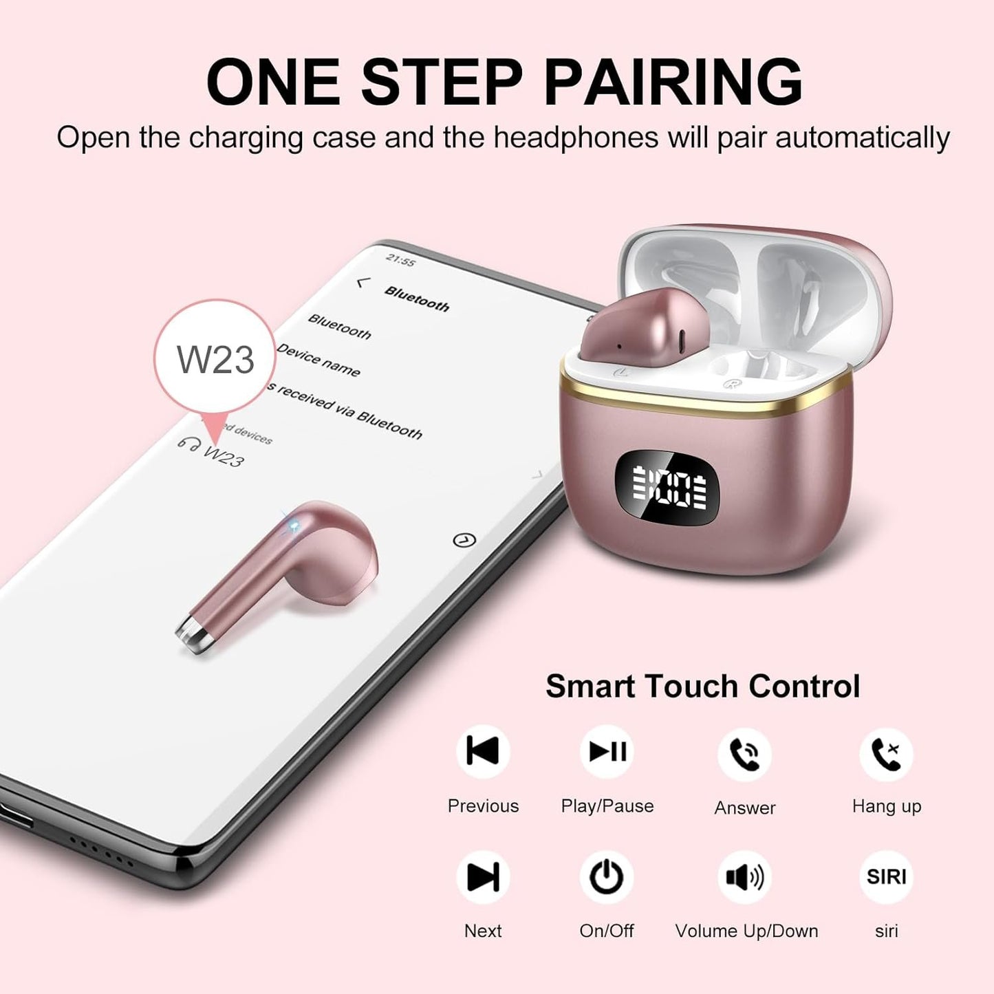 Wireless Earbuds, in Ear Headphones Bluetooth 5.3 with HiFi Stereo Deep Bass, Ear Buds with ENC Noise Cancelling Mics, Smart Touch, 40 Hours Playtime, Earphones for Sports, Work, Leisure, Rose Gold
