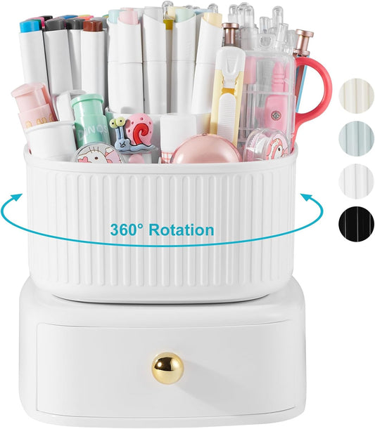 Lolocor Pencil Pen Holder with Drawer, 5 Slots 360 Degree Rotating Pen Organizer For Desk, Desktop School Supplies Desk Accessories for Office School Home Art Supply White