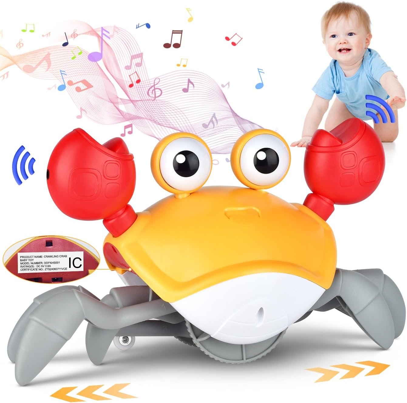 Crawling Crab Baby Toy, Infant Tummy Time Crawling Crab Toy Walking Moving Toy with Music & Automatic Obstacle Baby Interactive Learning Toy （Includes Battery, Meets IC Certification）
