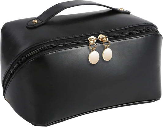 TOPALL Women's Travel Beauty Case, Large Cosmetic Bag for Travel, Make-Up Bag for Women, Updated PU Leather, Toiletry Makeup Bag Organizer, Smooth Black