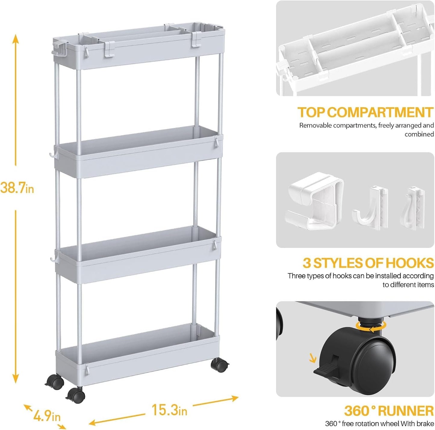 SPACELEAD Slim Storage Cart 4 Tier,Bathroom Storage Organizer Rolling Utility Cart, Mobile Shelving Unit Slide Out Storage Cart for Office, Bathroom, Kitchen, Laundry Room & Narrow Places， Gray