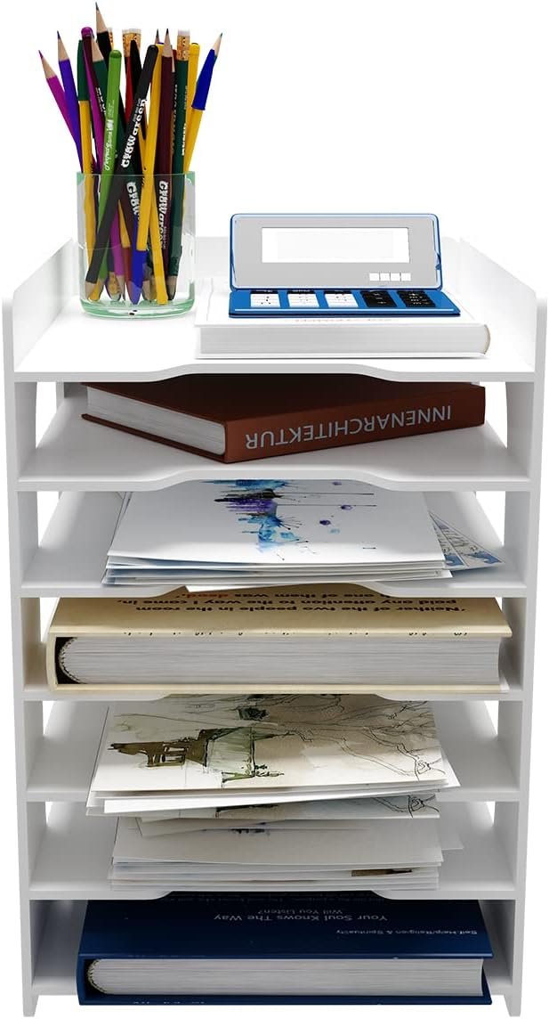 Natwind 7 Tiers Paper Organizer for Desk Desktop White File Holder Office Desk Organizer Mail Letter Tray & Paper Sorter Document Notebooks Storage Rack for Home Office School Classroom