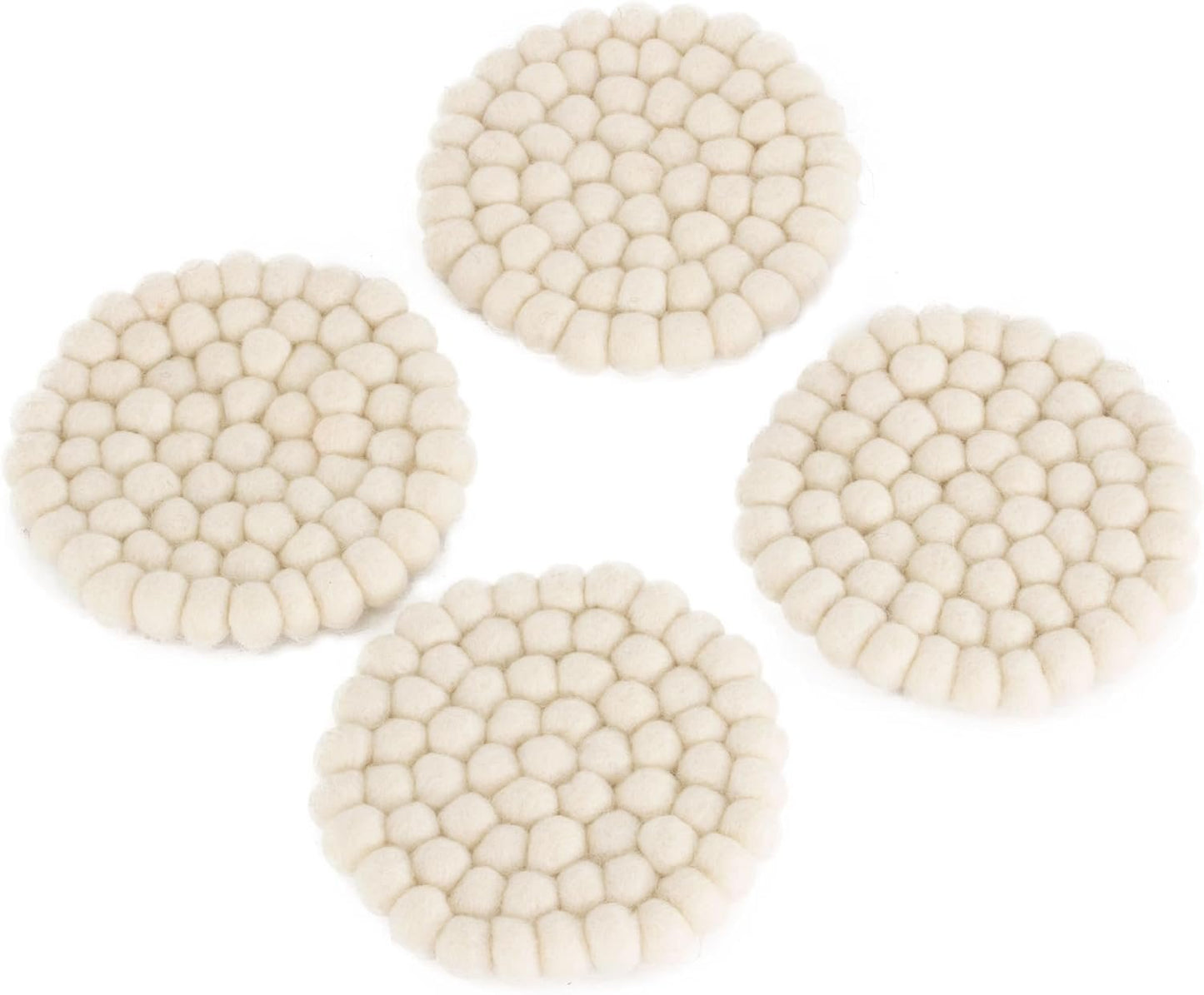 Set of 4 Round Felt Ball Coasters - 100% Merino Wool Table Coasters for Drinks and Bar - Absorbent, Heat Resistant, Thick & Durable Felt Coaster Pads - Handcrafted in Nepal, Eco-Friendly-White, B1400