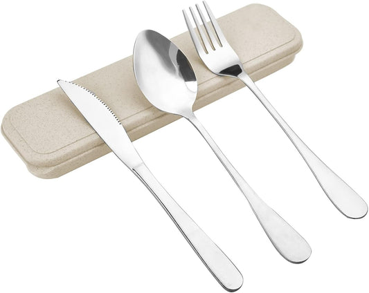 Travel Silverware Set with Case, Reusable Utensils Set with Case, Portable Spoon Knife Fork Lunch Box Travel Cutlery Set for Kids Adults (Beige)