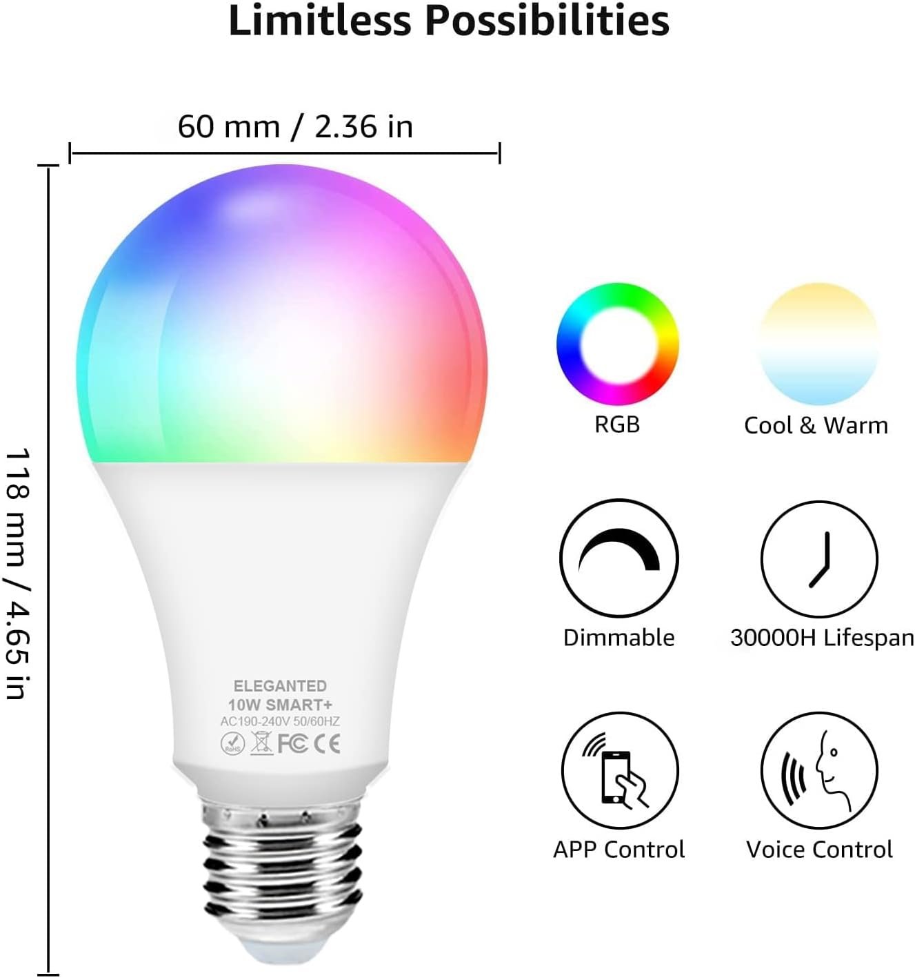 4 Pack Smart Wi-Fi LED Bulbs, E27 Light Bulbs, RGBW Smart LED Light Bulbs with 16 Million Colors, Cool and Warm White Light, Dimmable 2700K to 6500K White Lights