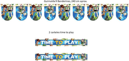 ALMACENESADAN -4766 Disney Toy Story Party Pack Consisting of Linear Flags of 2.40 Metres Approximately and 2 Tiem to Play Banners, Ideal for Parties and Birthdays, 8435510347666