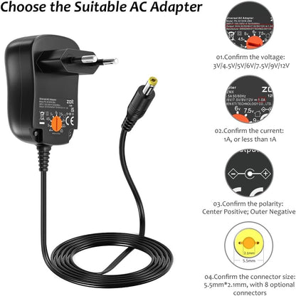 Zolt 12W Universal AC to DC Power Supply 3 V 4.5 V 5 V 6 V 7.5 V 9 V 12 V 1 A, Multi-voltage Adapter with 8 DC Plugs for Home Electronics