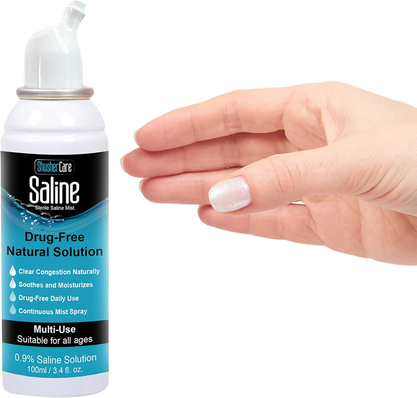 Saline Spray for Nose - Nasal Spray Saline Solution for Newborn, Baby & Adults, Salt Water Decongestant Mist for Stuffy Nose, Travel Friendly, Natural, 0.9% Saline - 100 ml (3.4 fl oz)