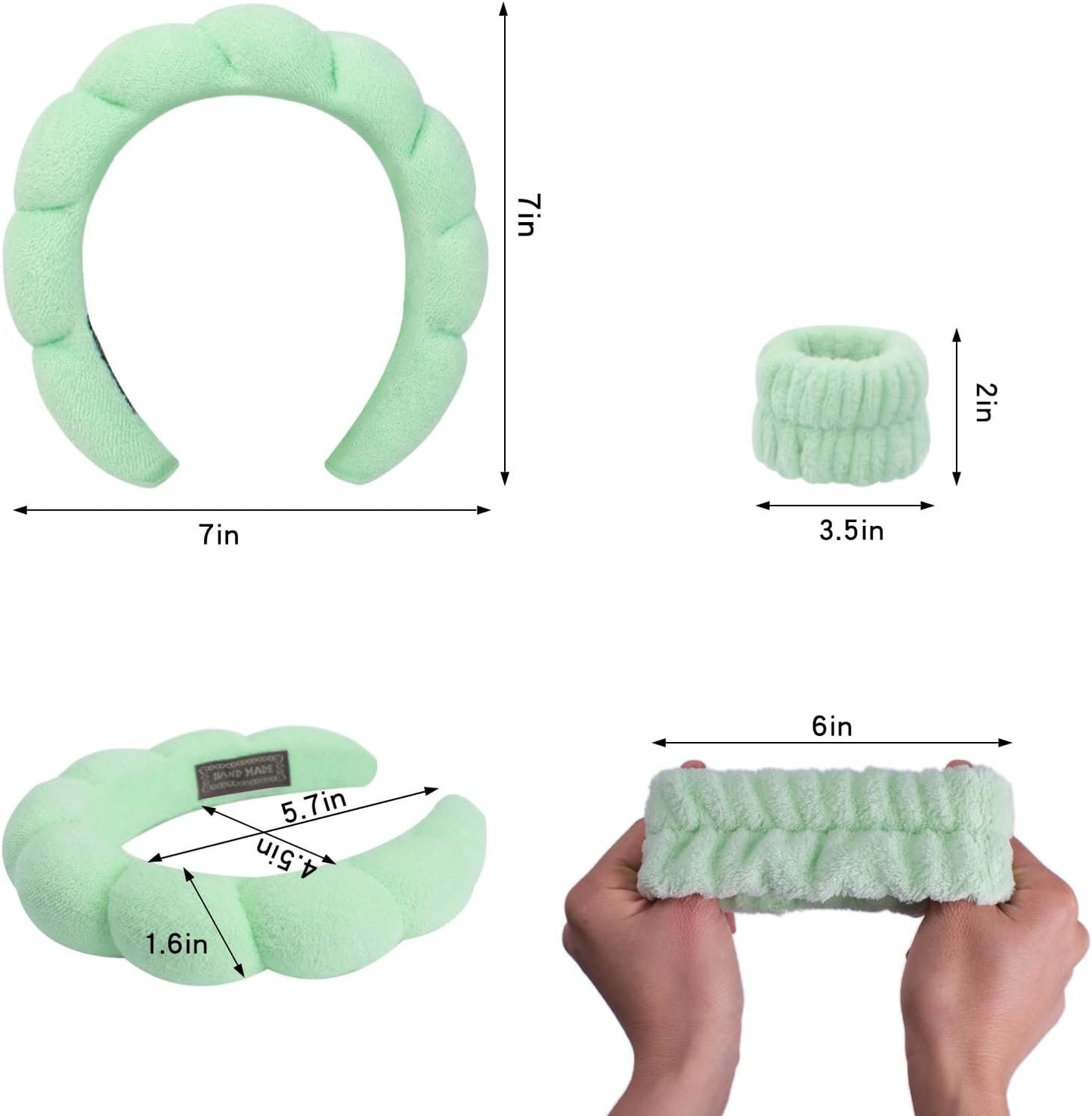 Spa Headband Washing Face Women - Sponge Headbands for Girls Skincare Makeup Removal Bubble Soft Terry Towel Cloth Non Slip Thick Puffy Hair Accessories Wristband Set Mask Skin Treatment (Green)