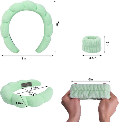 Spa Headband Washing Face Women - Sponge Headbands for Girls Skincare Makeup Removal Bubble Soft Terry Towel Cloth Non Slip Thick Puffy Hair Accessories Wristband Set Mask Skin Treatment (Green)