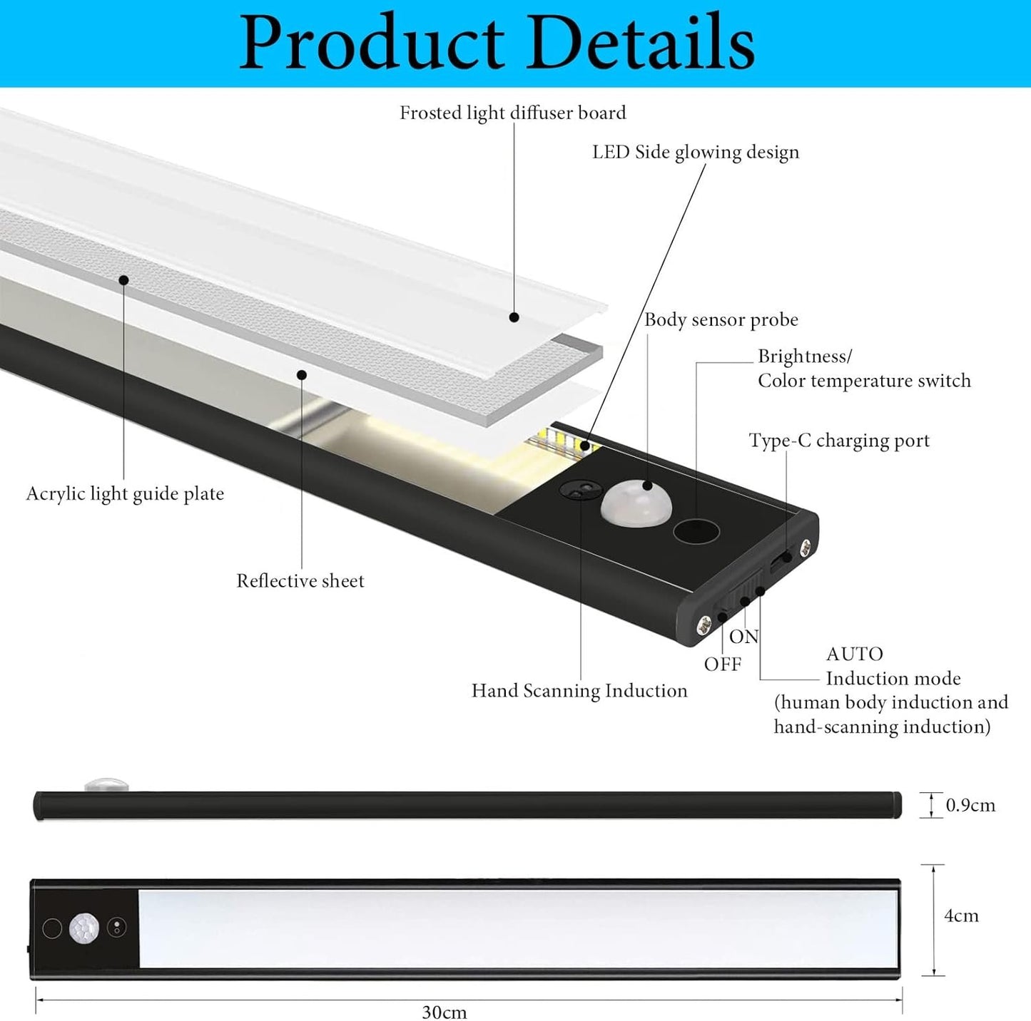 Closet Light, Coolqiya Led Under Cabinet Lighting, Rechargeable Motion Sensor Closet Light Under Cabinet Magnet Wireless Stick-Anywhere Night Light Bar for Wardrobe, Stairs, Kitchen (30cm Black 1pc)