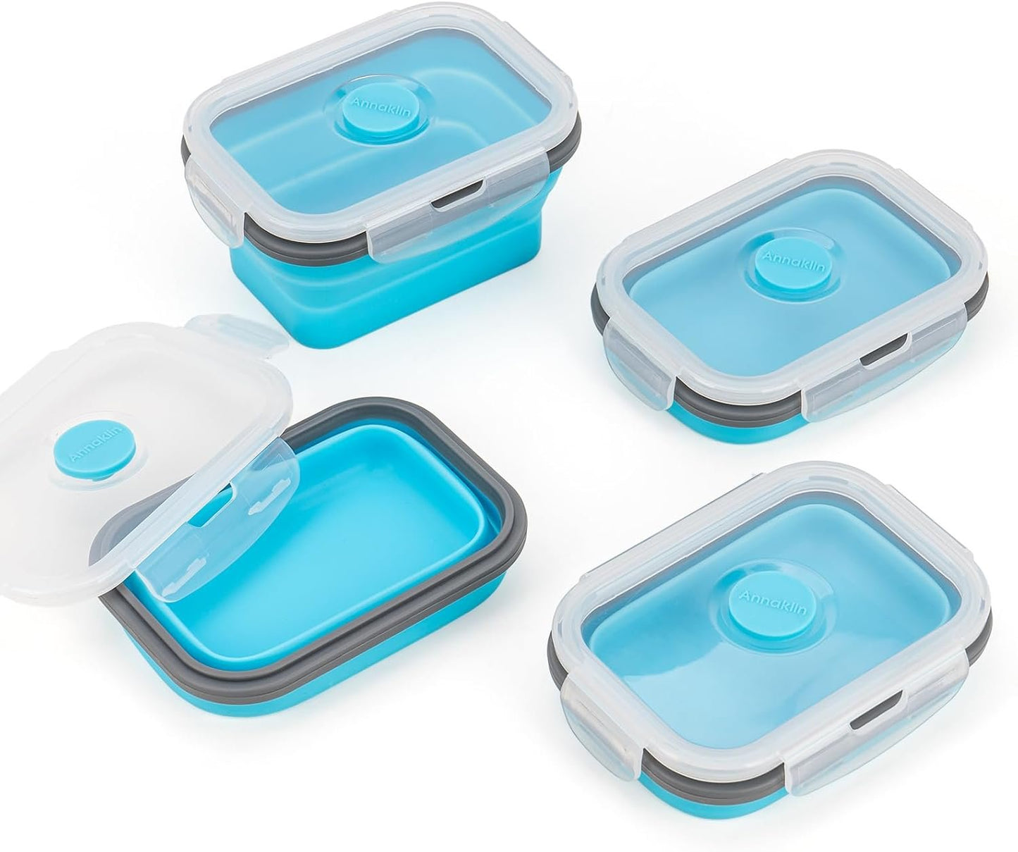 Collapsible Food Storage Containers with Airtight Lid and Vent Valve, Stacking Silicone Collapsible Storage Containers for Food, Microwave & Freezer & Dishwasher Safe, Blue, Small, Set of 4