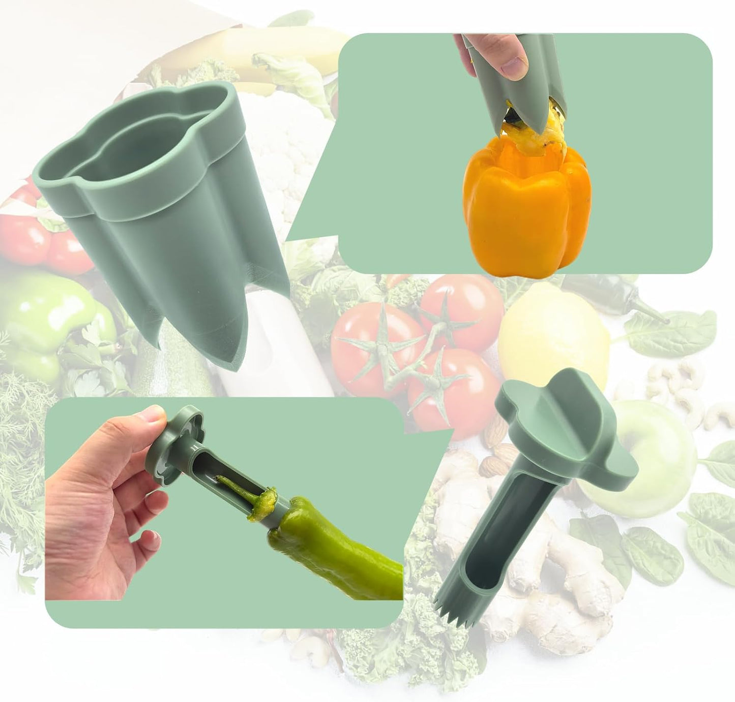 2-in-1 Pepper Seed Corer Remover Kitchen Gadget: Dual-Head Pepper Corer Seed Remover Tool for Bell Peppers, Apple Corer, Fruits & Vegetables,Durable ABS Plastic, Easy to Clean (Green)
